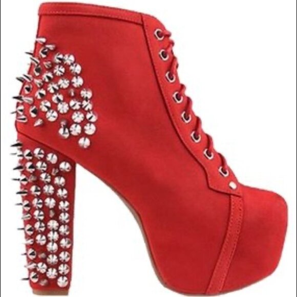 NEW Jeffrey Campbell 5 5.5 RED LITA SPIKE Studded Ankle Boots - Picture 1 of 4
